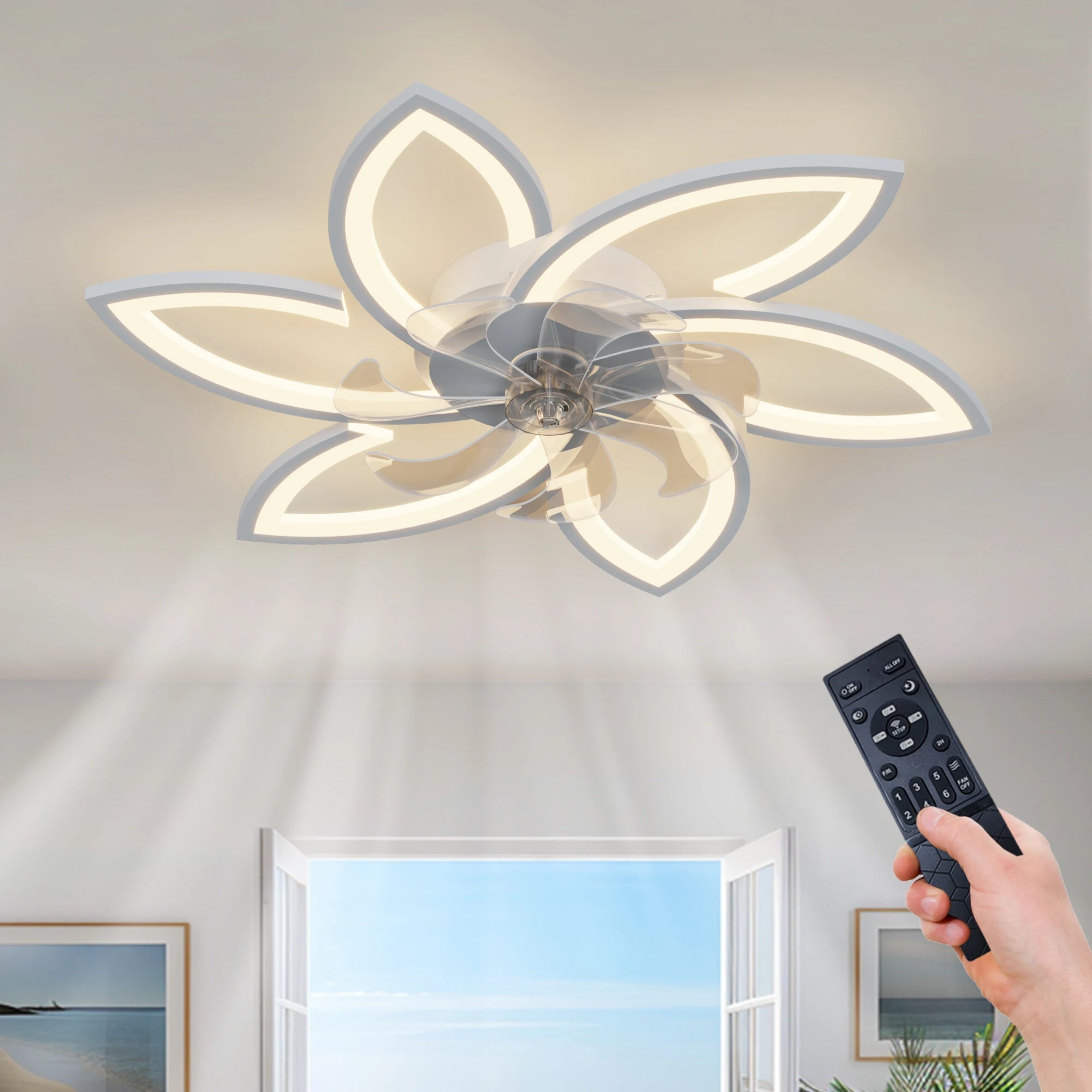 Ventilatore da soffitto a LED con luce, dimmerabile, controllo tramite app, 6 velocità, timer, 3000K-6500K