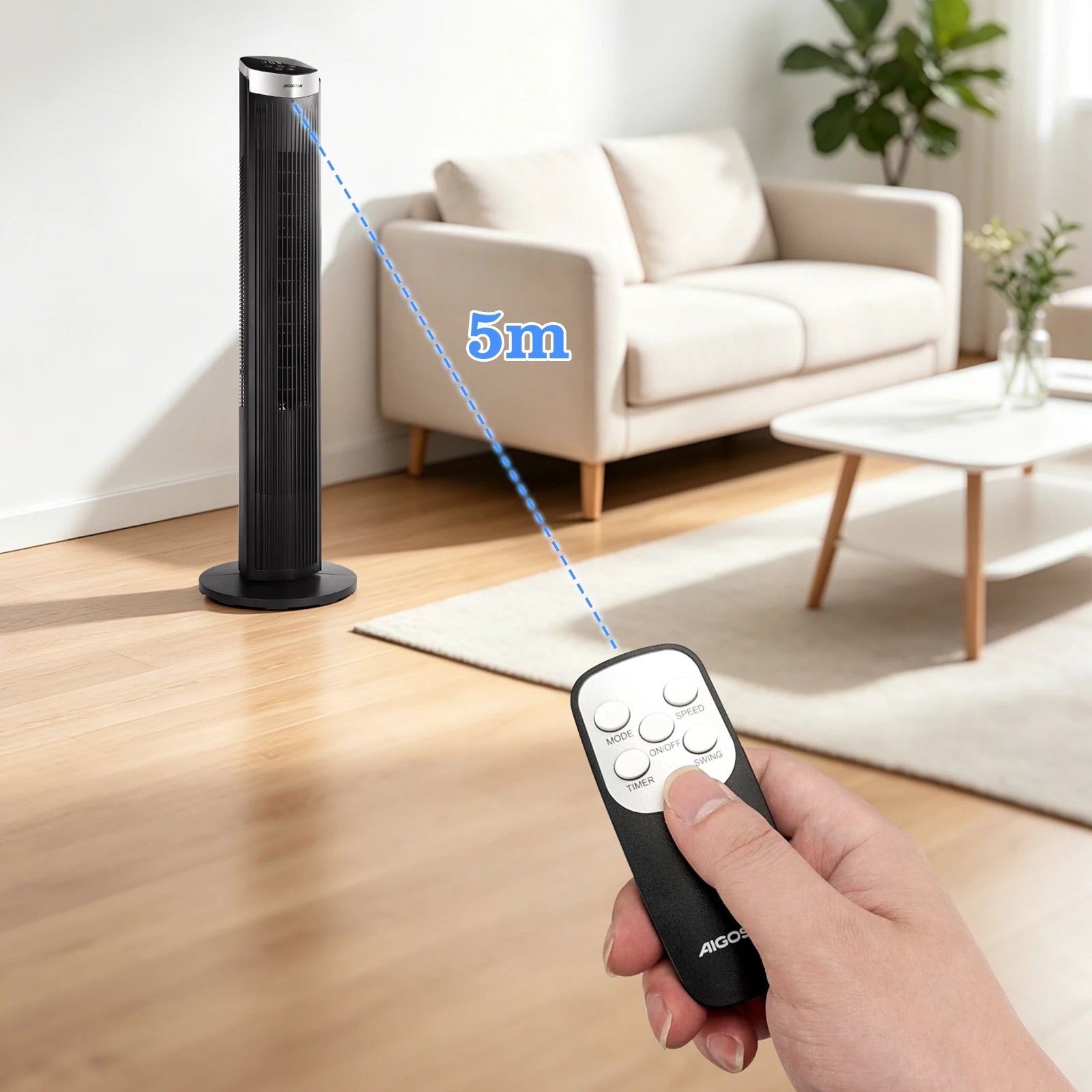 Aigostar Digitaler Turmventilator mit Fernbedienung/12-Stunden-Timer. 4 Modi und 3 einstellbare Geschwindigkeiten. 45W Leistung, 65° Oszillation, 93CM, für Zuhause und Büro, Schwarz