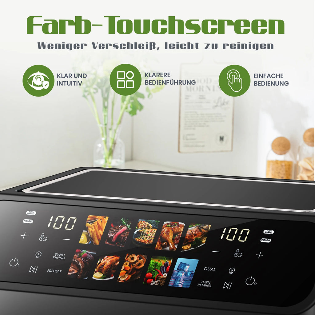 Sinaopus 2000W XXL 9L Doppelkorb-Heißluftfritteuse Multifunktions-Luftfritteuse mit LED-Touchscreen Timer Automatische Kochprogramme