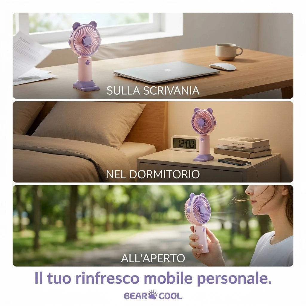 Ventilatore da scrivania mini con orecchie da orsetto, supporto per cellulare integrato, ricarica USB, silenzioso. ideale per scrivania e per guardare serie TV/film.