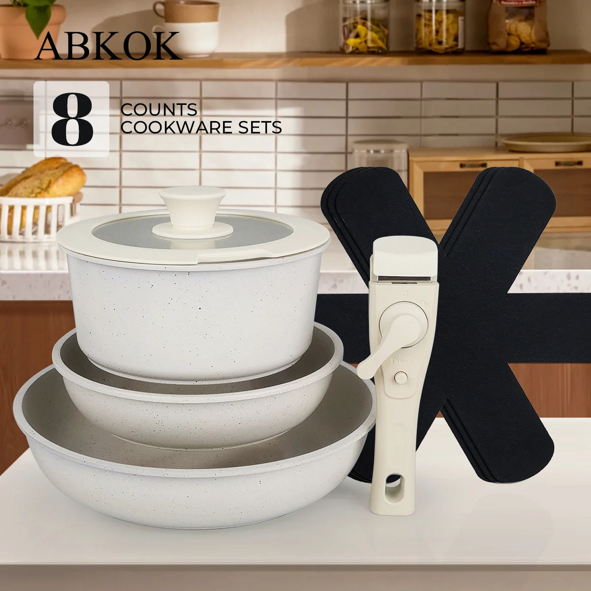 Set di pentole e padelle antiaderenti da 8 pezzi con coperchi, manico staccabile, supporti per pentole, cassaforte per il forno, compatibile con tutti i piani cottura