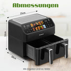 Sinaopus 2000W XXL 9L Doppelkorb-Heißluftfritteuse Multifunktions-Luftfritteuse mit LED-Touchscreen Timer Automatische Kochprogramme