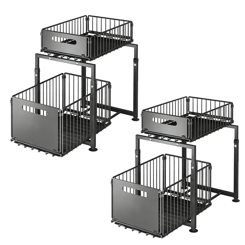 Organizzatore Estraibile a 2 Livelli con Cestello Scorrevole, Altezza Regolabile, Scaffale Sottolavello per Cucina, Porta Spezie