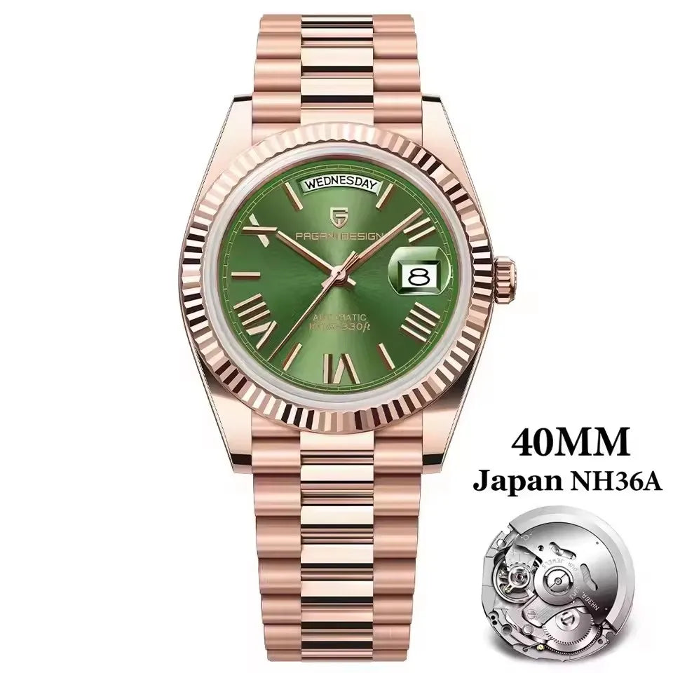 PAGANI DESIGN Neue 40mm Herrenuhr mit Wochenkalender, Edelstahl, 100M Wasserdicht, AR Saphirglas, Japanisches Luxusuhrwerk