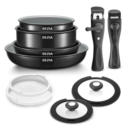 Healthy Ceramic Non-stick Induction Cookware, 10-piece Camping Pot and Pan Set with Detachable Handles