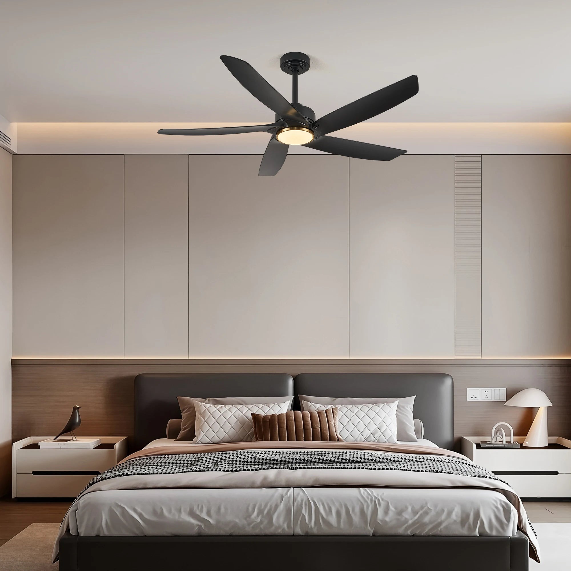 Ventilatore da soffitto da 132 cm con luce LED, 6 velocità, telecomando, reversibile, dimmerabile, finitura in legno