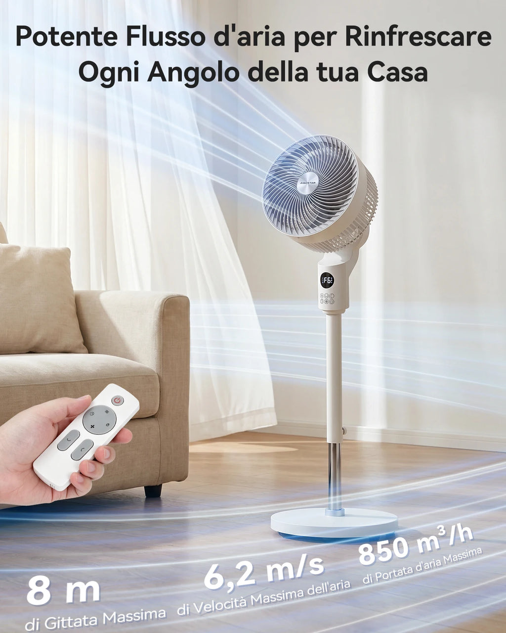 Aigostar Ventilatore a Piantana, 6 Velocità e 3 Modalità Silenzioso, Circolatore d'Aria 3D 850m³/h, Flusso 8m, Timer 12H, Altezza 100cm, Telecomando e Display Touch, Funzion Aroma per Camera e Ufficio