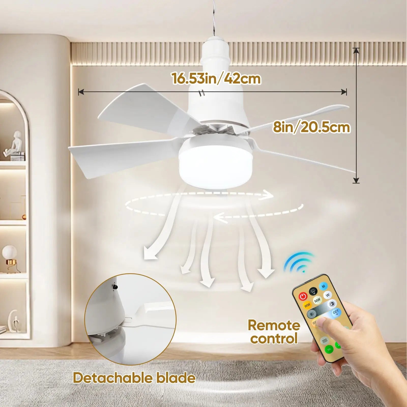 Ventilatore da soffitto a LED E27 con telecomando, ventilatore silenzioso a 3 velocità, 3 modalità di illuminazione a colori, timer di spegnimento, lampadina per ventilatore da soffitto con pale a forma di fiore, lampada co
