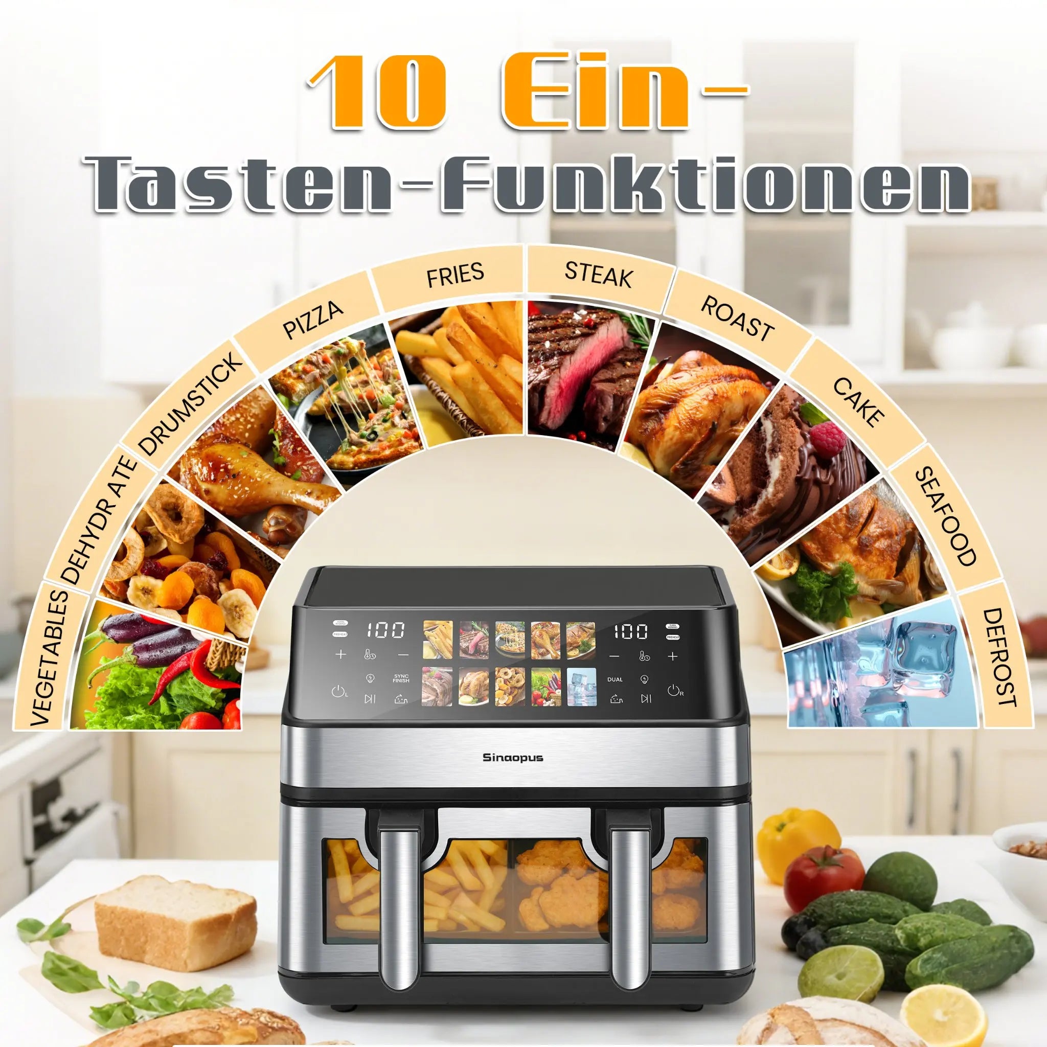 Sinaopus Friggitrice ad aria 8,5 L 2000W con touchscreen LED e 10 programmi