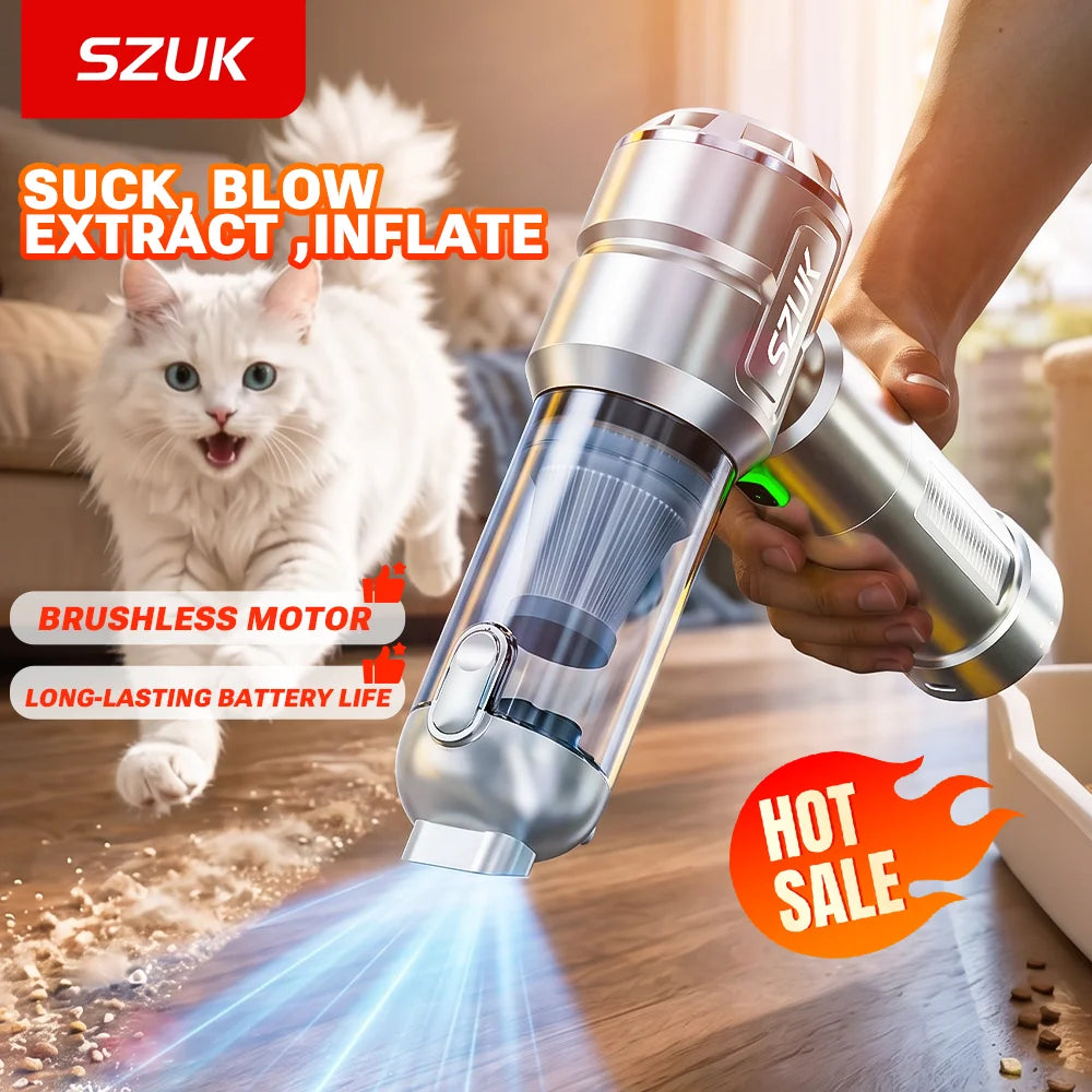 SZUK Neuer kabelloser Auto-Staubsauger, tragbarer Handstaubsauger, Mini-Gebläse mit LED-Licht, leistungsstarker Akku-Staubsauger