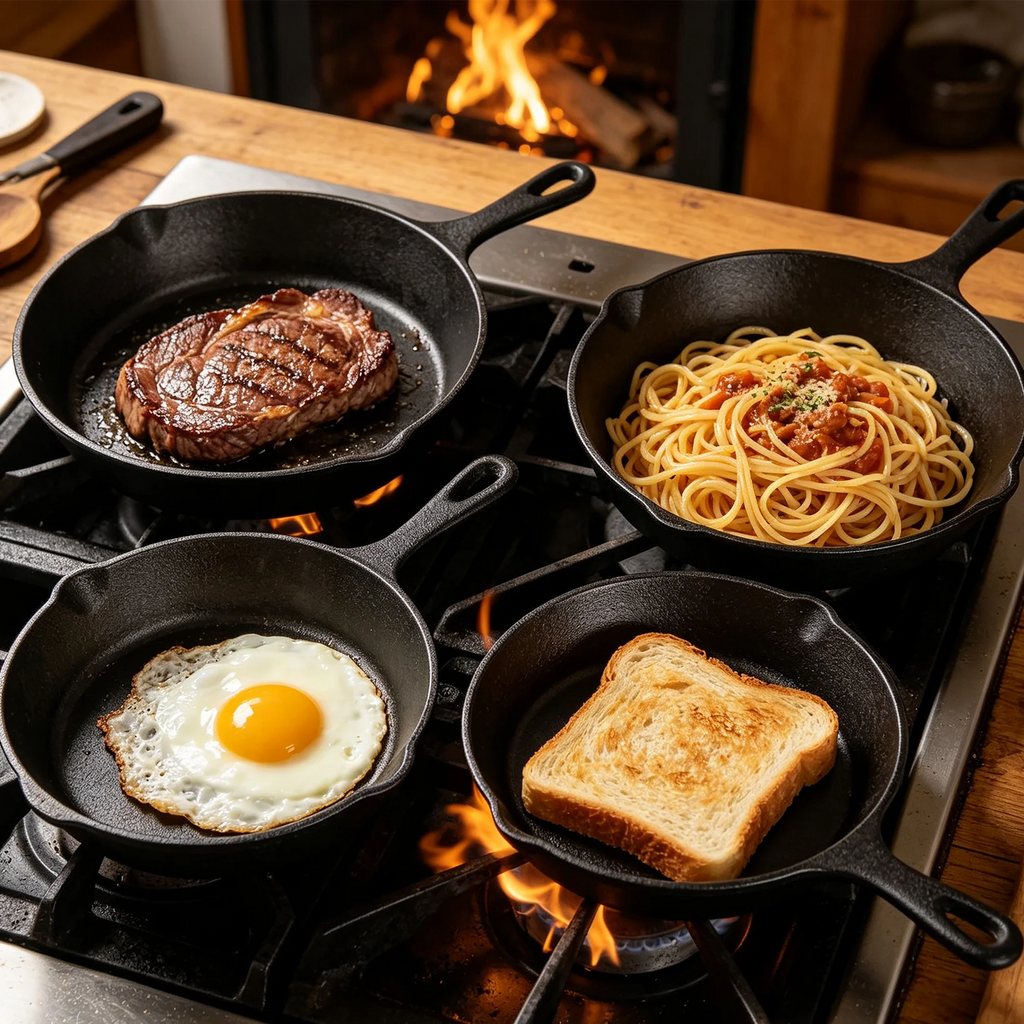 Set di 4 padelle in ghisa, 14/16/20/26 cm, pre-stagionate antiaderenti, ritenzione uniforme del calore, durevoli, non rivestite, per cottura a gas, induzione, falò, interni ed esterni
