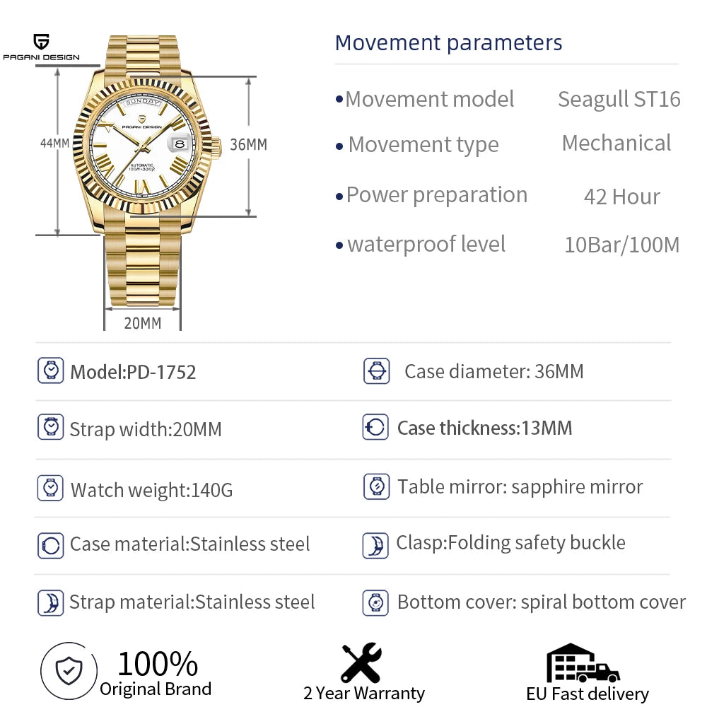 Orologi da uomo PAGANI DESIGN DD36 Gold, orologio automatico di lusso da uomo, vetro zaffiro AR, orologio da polso meccanico, consegna dal magazzino UE.