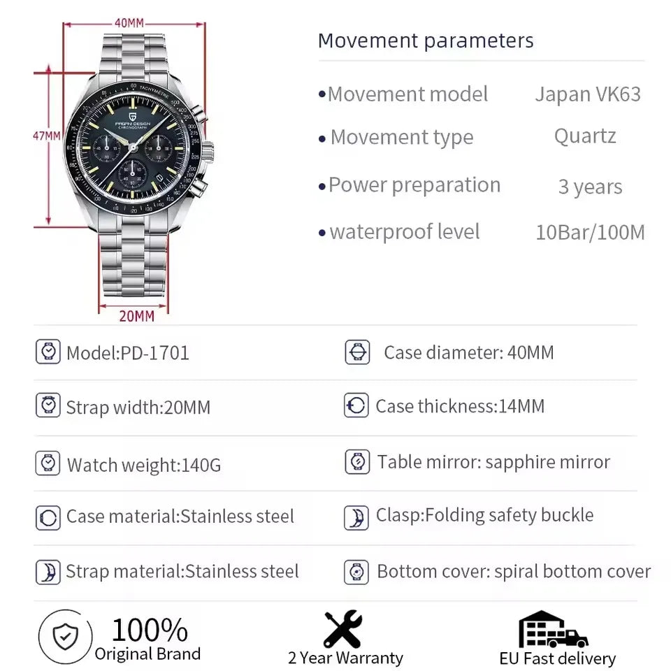 PAGANI DESIGN Orologio da Polso al Quarzo con Vetro Zaffiro, Cronografo Sportivo Impermeabile 10 Bar, Acciaio Inossidabile 316L