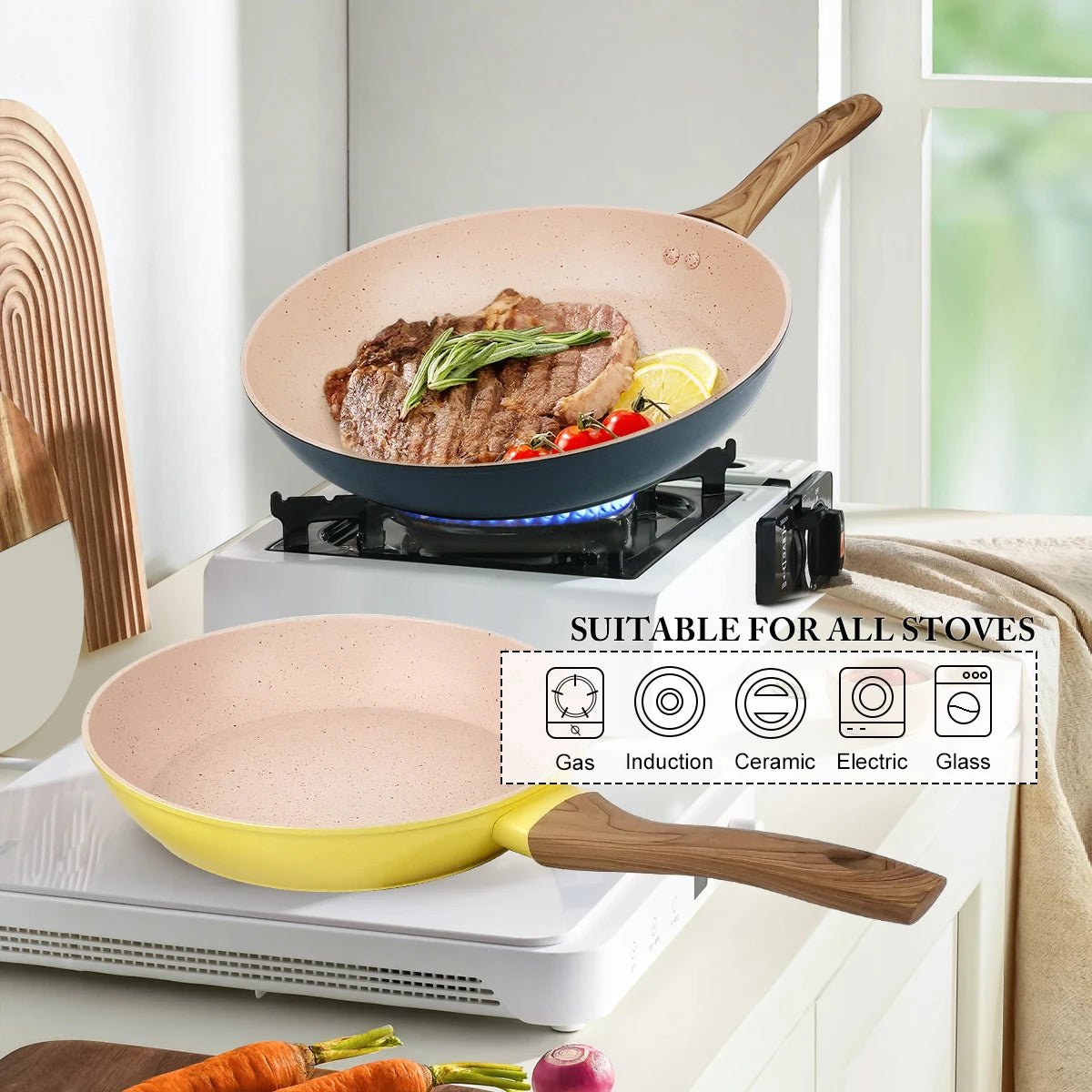 Set di padelle da 2 pezzi, padelle in granito da 9,7 + 11,3 pollici, wok antiaderente con manico in legno, compatibile con tutti i piani cottura.