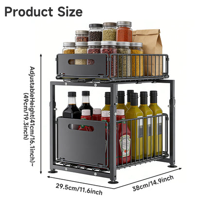 2-Tier Pull-Out Cabinet Organizer, Adjustable Height 41-49cm, Under Sink Storage Drawer, Carbon Steel Structure with Non-Slip Feet, No Tools Required for Kitchen, Bathroom,