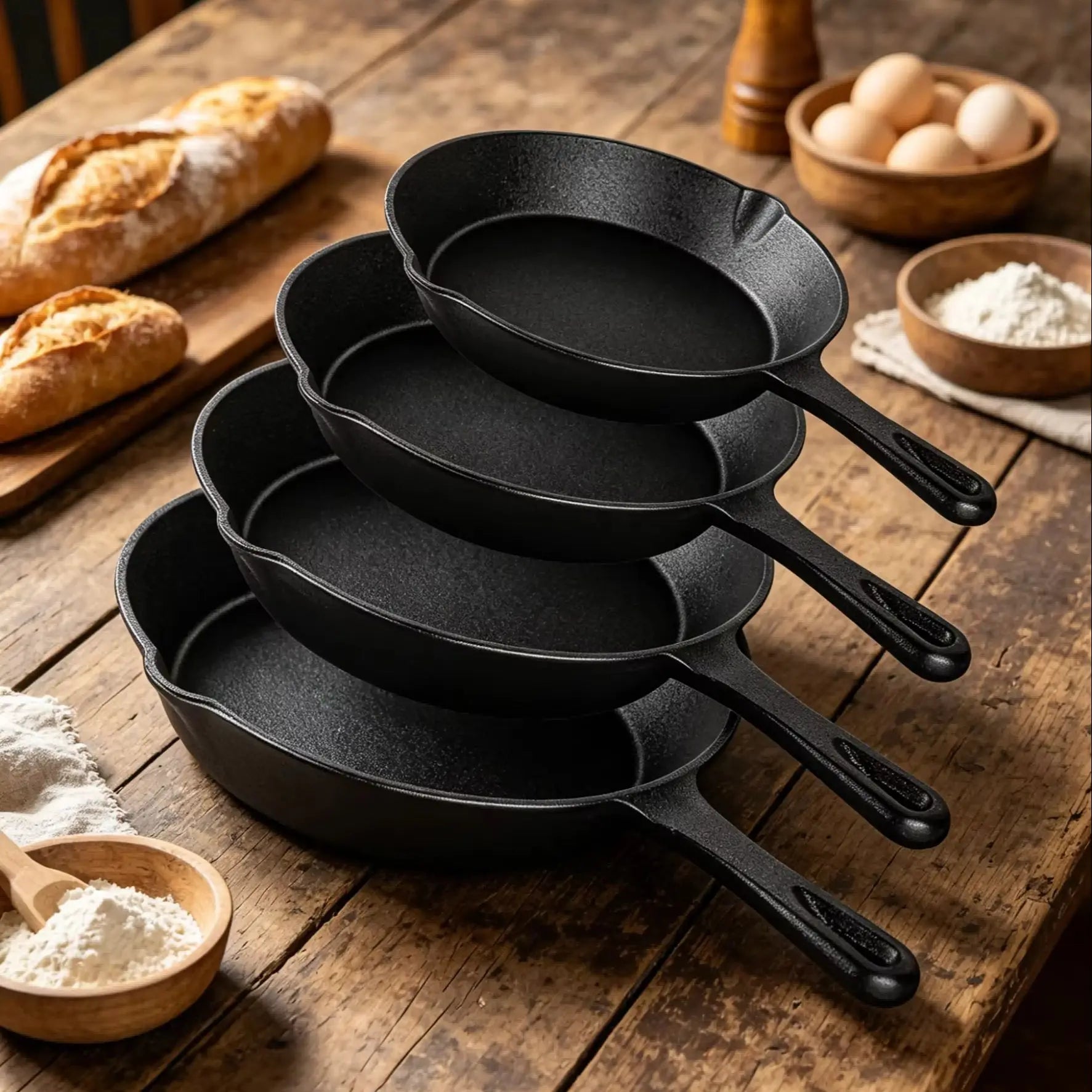 Set di 4 Padelle in Ghisa Non Rivestite Compatibili con l'Induzione, Antiaderenti per Friggere, Bistecche, BBQ, Omelette