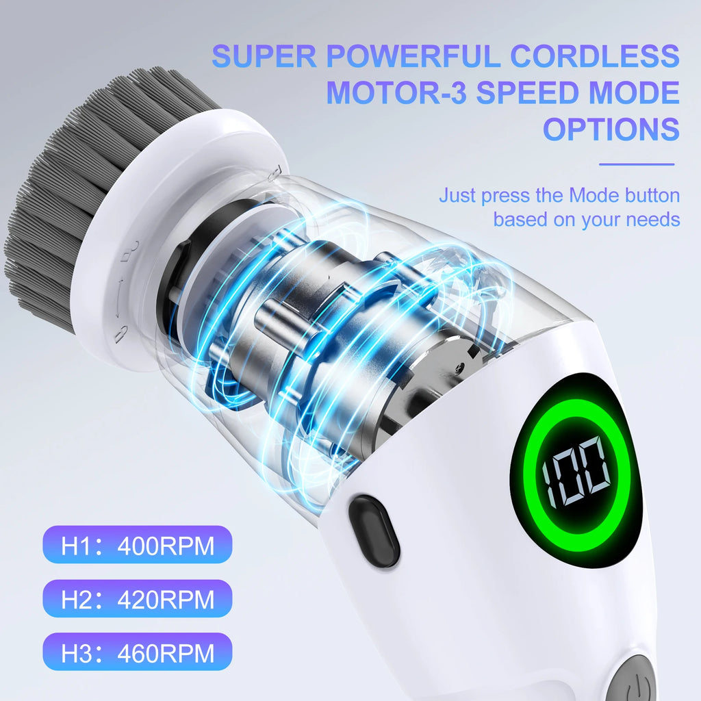 Elektrischer Bodenreiniger, elektrische Reinigungsbürste mit Griff und 8 austauschbaren Bürstenköpfen. Elektrischer Bodenreiniger für Bad, Küche