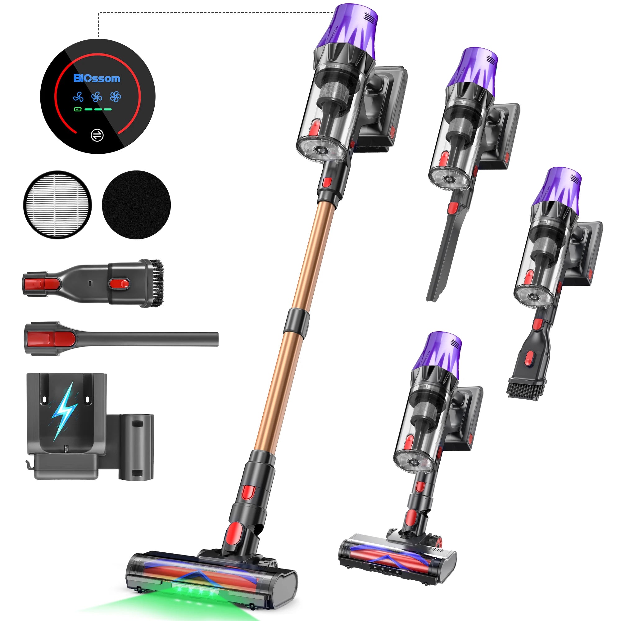 Blossom V20 Akku-Staubsauger, bürstenloser 600W Motor, 55KPA starke Saugkraft, 3-Gang-Einstellung, Voll-Touchscreen, 1,8L großer Staubbehälter, 8-Zellen-Akku, 60 Minuten Laufzeit, Bürste für