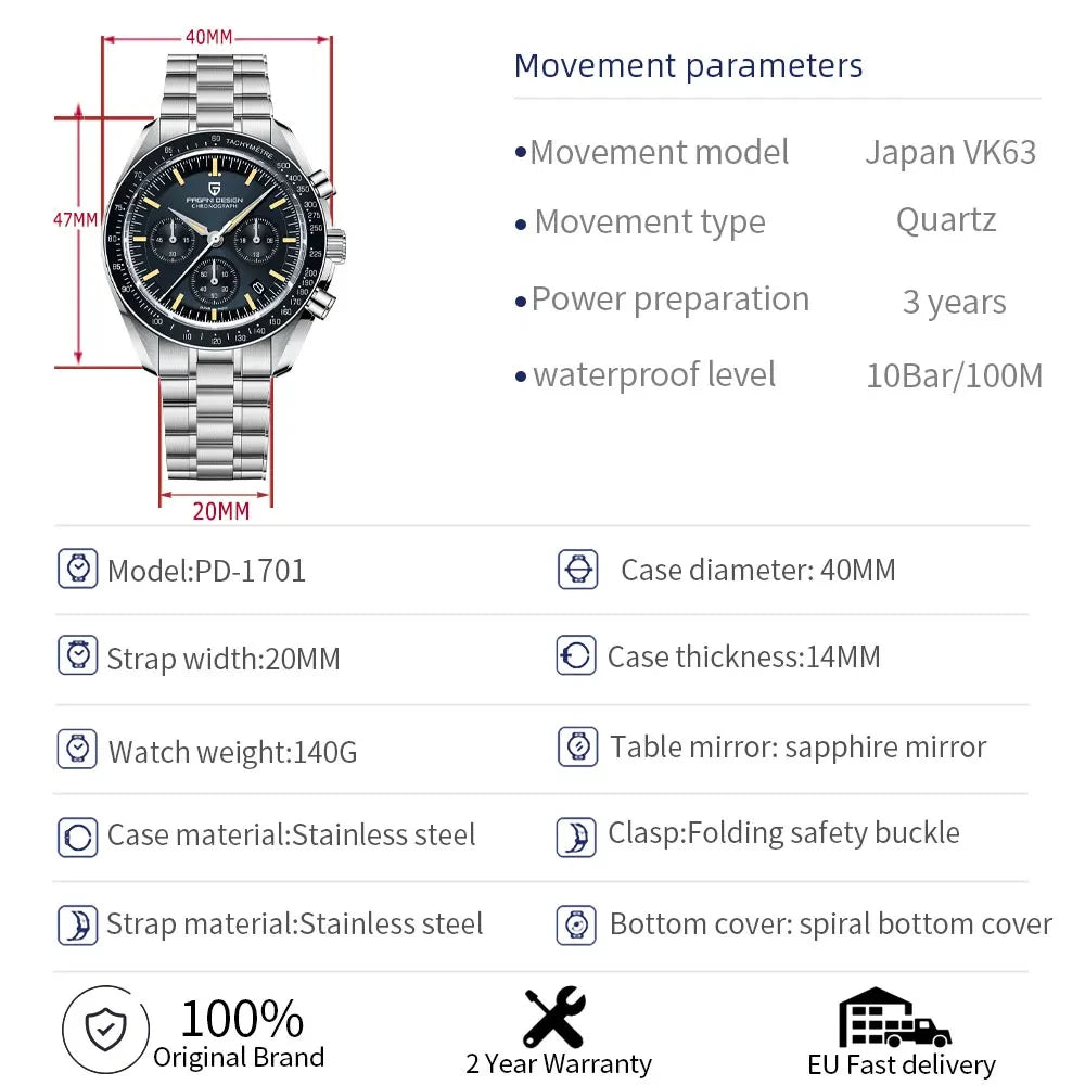 PAGANI DESIGN Orologio da Polso Quarzo PD1701 - Cassa in Acciaio Inossidabile, Vetro Zaffiro, Impermeabile 10 Bar