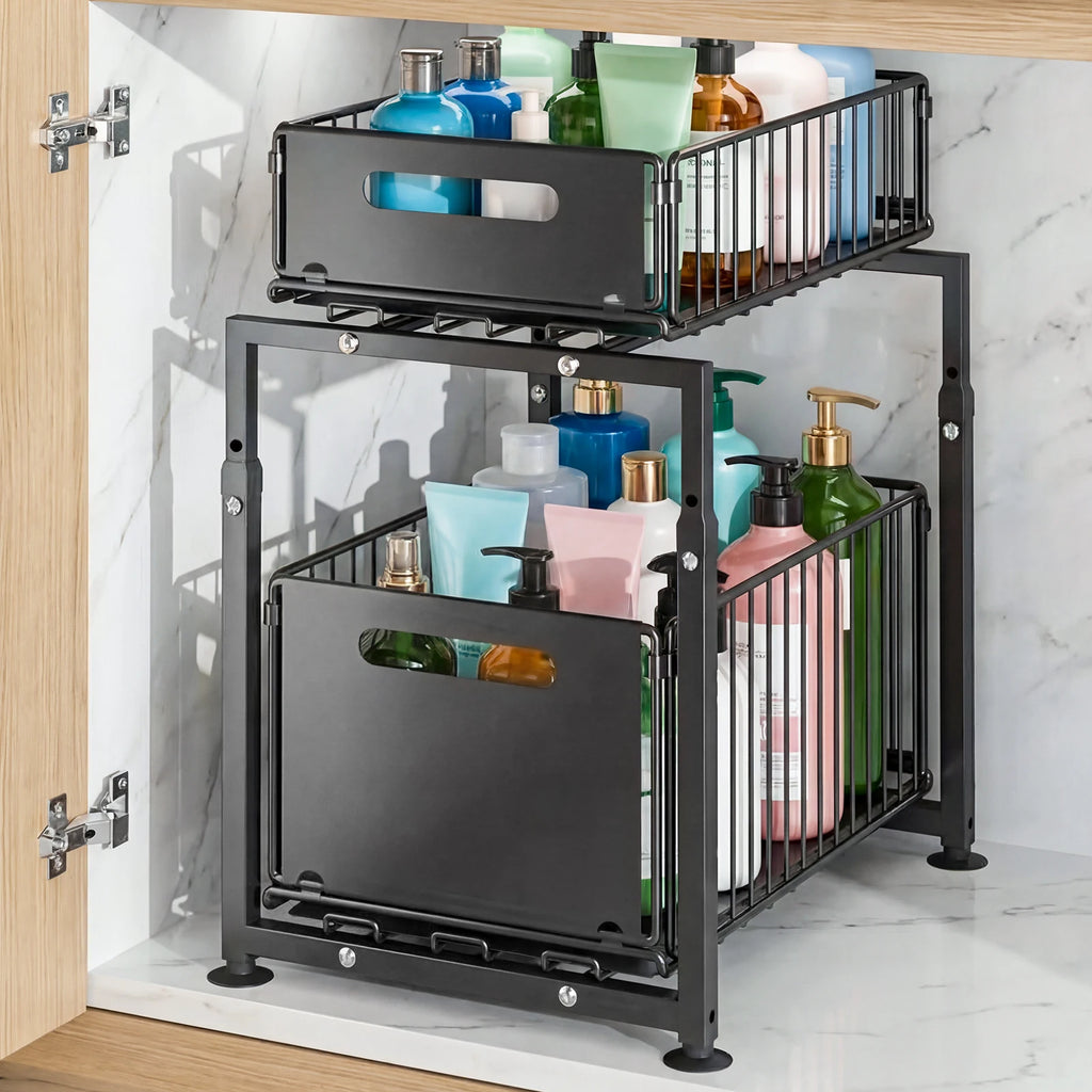 2-stufiger ausziehbarer Organizer, höhenverstellbares Regal für unter dem Waschbecken mit ausziehbarer Schublade für Küchen- und Badezimmerschränke