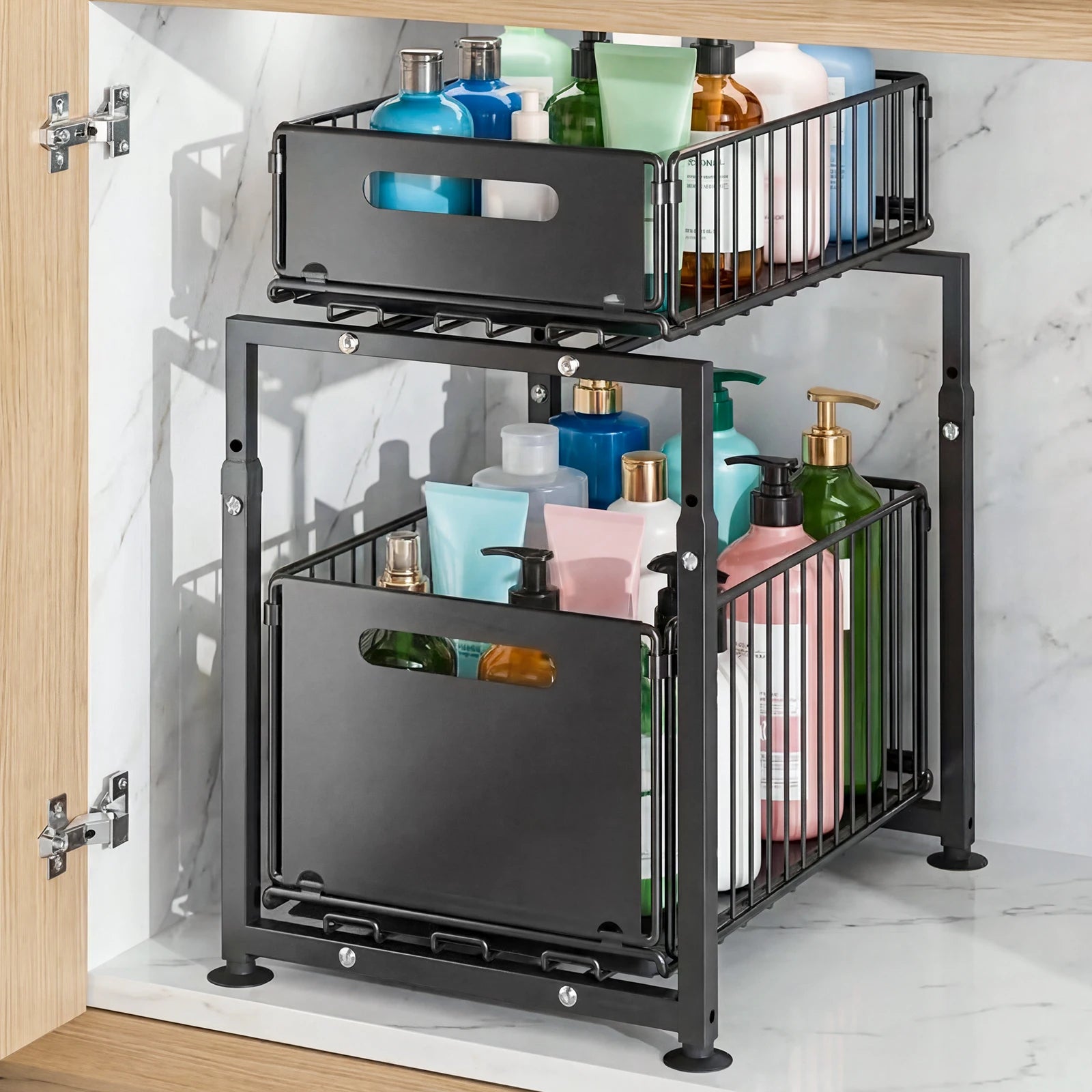 2-stufiger ausziehbarer Organizer, höhenverstellbares Regal für unter dem Waschbecken mit ausziehbarer Schublade für Küchen- und Badezimmerschränke