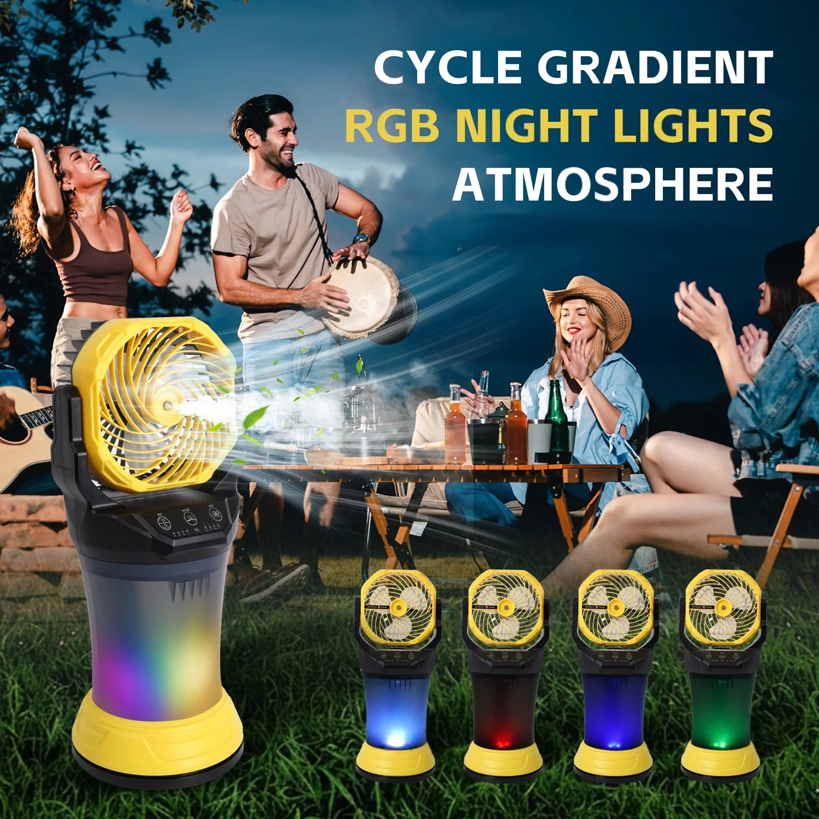 Ventilatore Portatile Nebulizzatore a Batteria 15.000 mAh 2.000 ml Luce RGB 4 Velocità 90° °   Oscillazione Nero Giallo