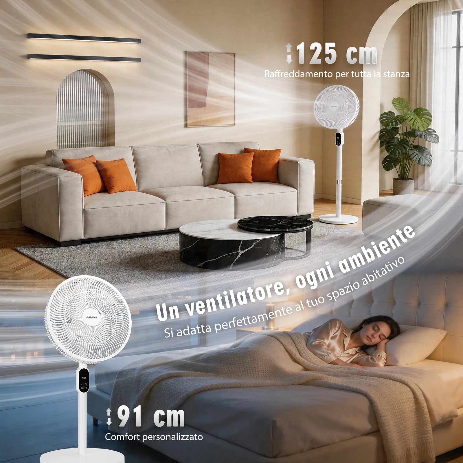 Aigostar 50W Ventilatore a Piantana Silenzioso con 7 Pale, 3 Velocità e Modalità, Telecomando, Timer 12H, Base Circolare Ultra Stabile, Altezza Regolabile 110-125cm, per Casa e Ufficio, Bianco, Rime