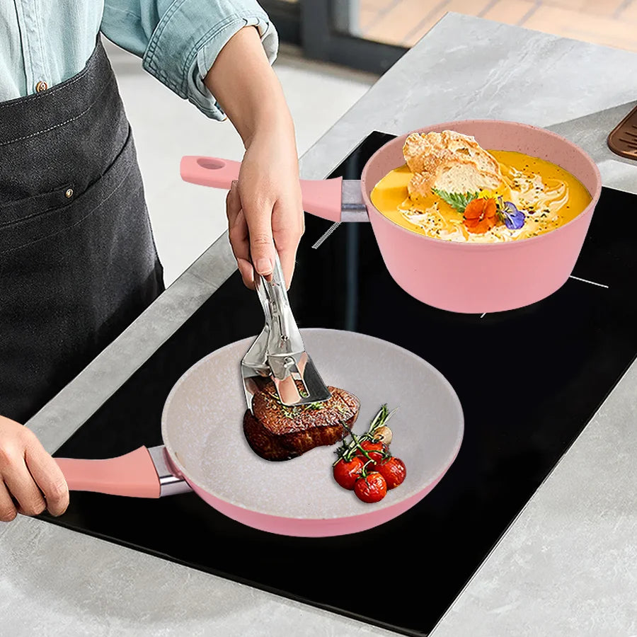 Set di pentole da cucina per la casa, set di pentole e padelle antiaderenti, padella per bistecche di uova carine, padella con coperchio per tutti i piani cottura, 3 pezzi, rosa