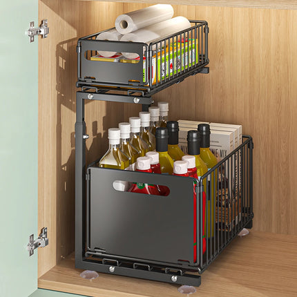 2-Tier Pull Out Cabinet Organizer, Adjustable Carbon Steel Sliding Storage for Kitchen Pantry Under Sink, Bathroom Shelves