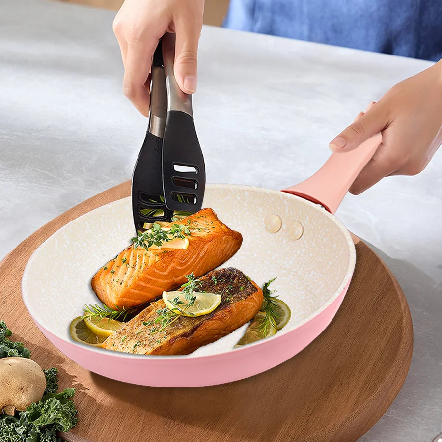 Set di pentole da cucina per la casa, set di pentole e padelle antiaderenti, padella per bistecche di uova carine, padella con coperchio per tutti i piani cottura, 3 pezzi, rosa