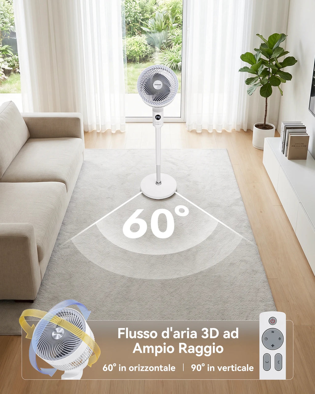 Aigostar Ventilatore a Piantana, 6 Velocità e 3 Modalità Silenzioso, Circolatore d'Aria 3D 850m³/h, Flusso 8m, Timer 12H, Altezza 100cm, Telecomando e Display Touch, Funzion Aroma per Camera e Ufficio