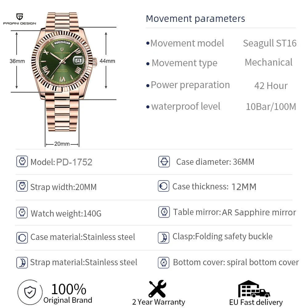 Neuer PAGANI DESIGN D36 mechanischer Luxus-Herrenuhr aus Roségold 2026, Automatik-Datumsuhr, AR-Saphirglas, lokaler Versand