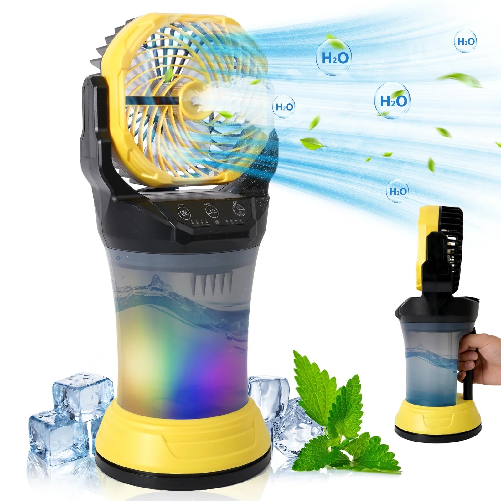 Ventilatore Portatile Nebulizzatore a Batteria 15.000 mAh 2.000 ml Luce RGB 4 Velocità 90° °   Oscillazione Nero Giallo