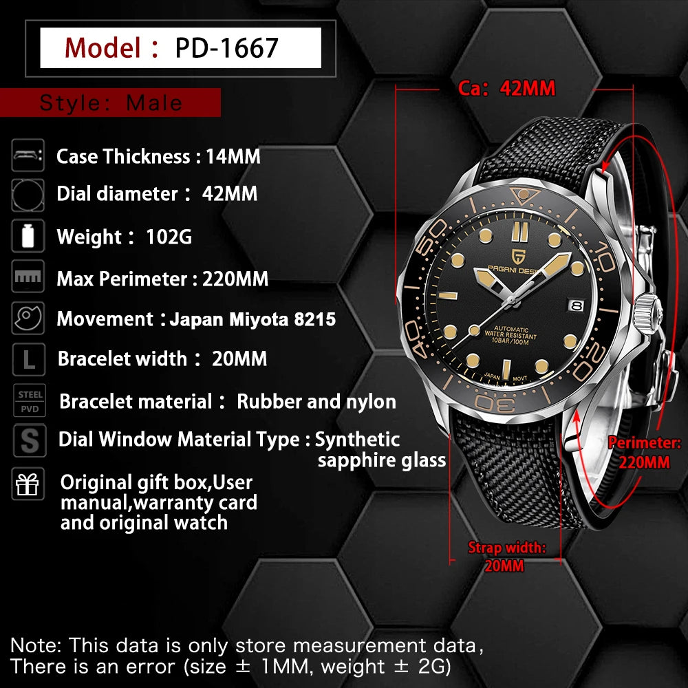PAGANI DESIGN Orologio Automatico Retrò per Uomo, Acciaio Inossidabile, Modello PD1667