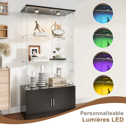 Three-tier glass display cabinet, collection display cabinet with LED lighting, display case, storage cabinet and organizer suitable for living rooms, bedrooms and offices; Black