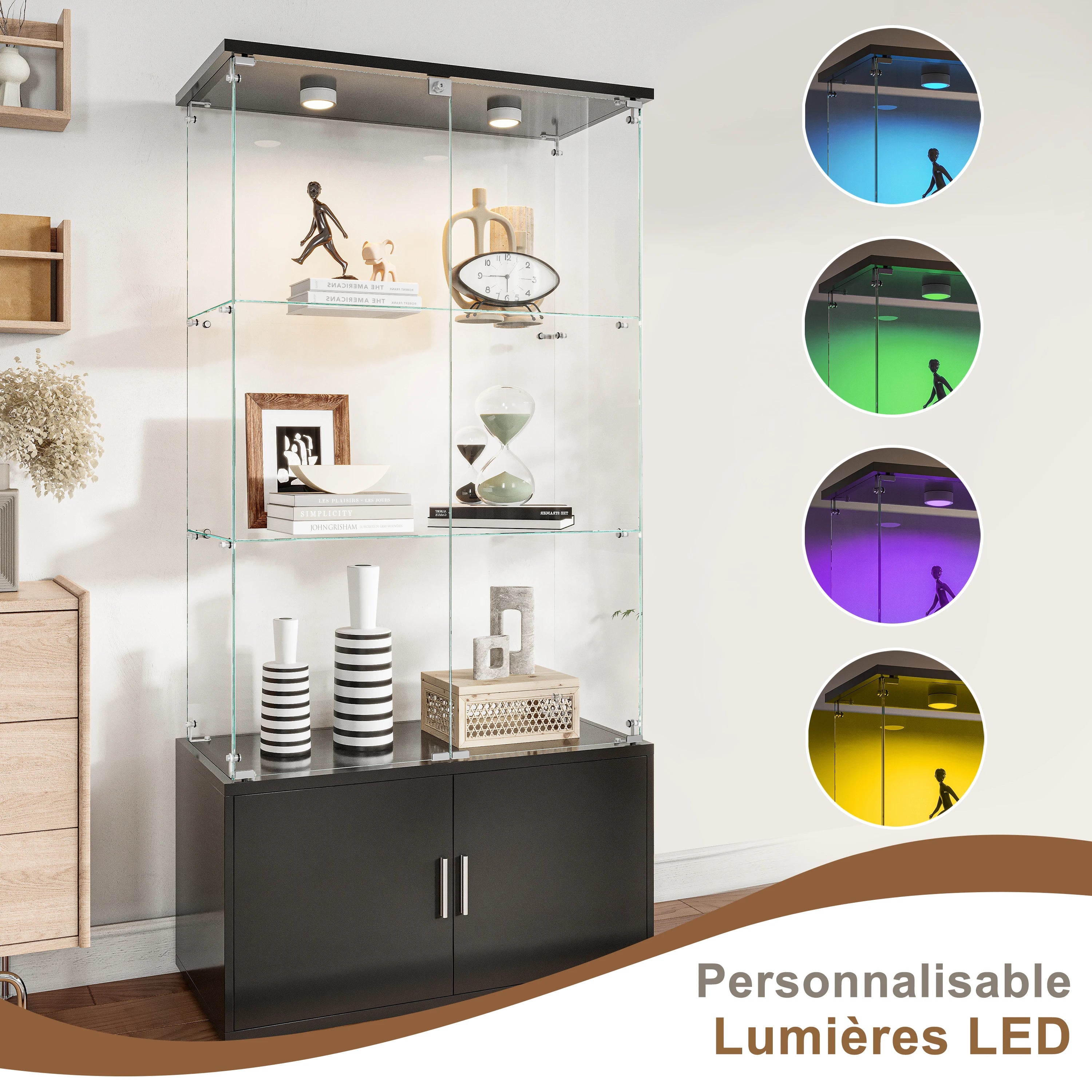 Drei-Etagen-Glasvitrine, Sammlerschrank mit LED-Beleuchtung, Display-Vitrine, Aufbewahrungsschrank und Organizer, geeignet für Wohnzimmer, Schlafzimmer und Büros; Schwarz