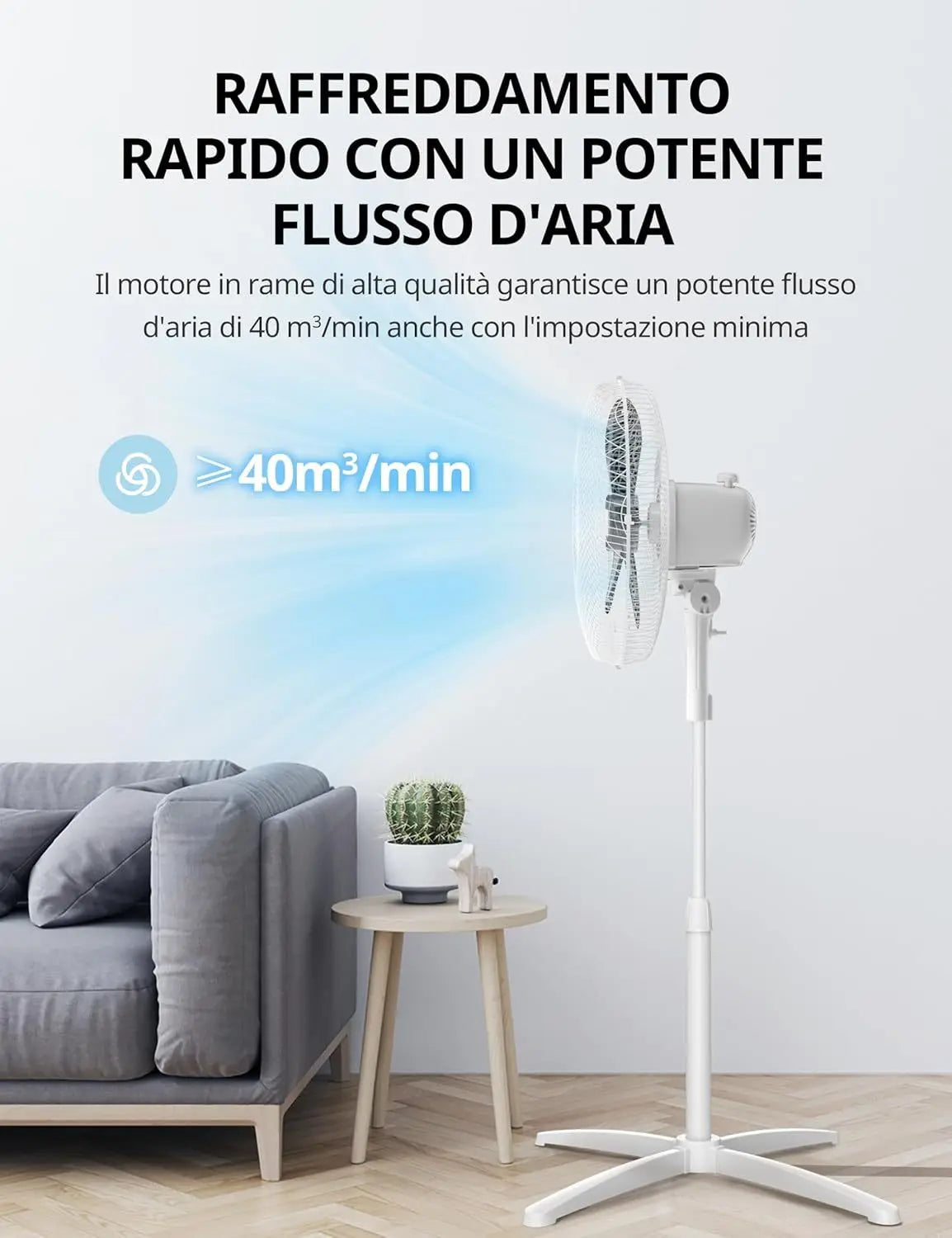 Ventilatore a Piantana, 3 Velocità Regolabili, Oscillazione 90°, Altezza Regolabile, Flusso d'Aria Potente e Funzionamento Silenzioso, Ideale per Casa e Ufficio, Bianco