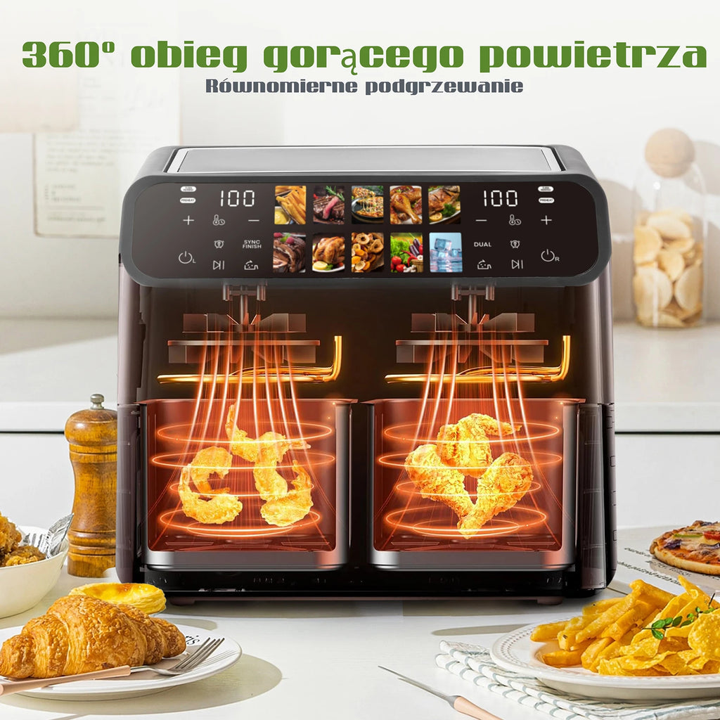 Sinaopus Friggitrice ad Aria 9L Doppio Cestello 2000W con Display LED 2 Zone Cottura