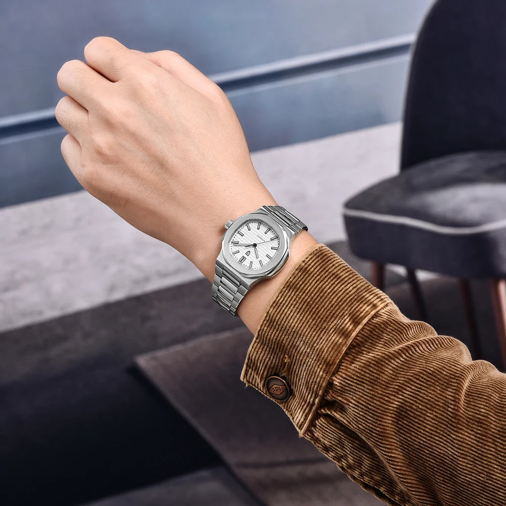 Nuovo Orologio Meccanico Automatico di Lusso Pugani da Uomo con Vetro Zaffiro Antiriflesso e Lancette Luminose, Orologio Sportivo da Uomo, Consegna Locale