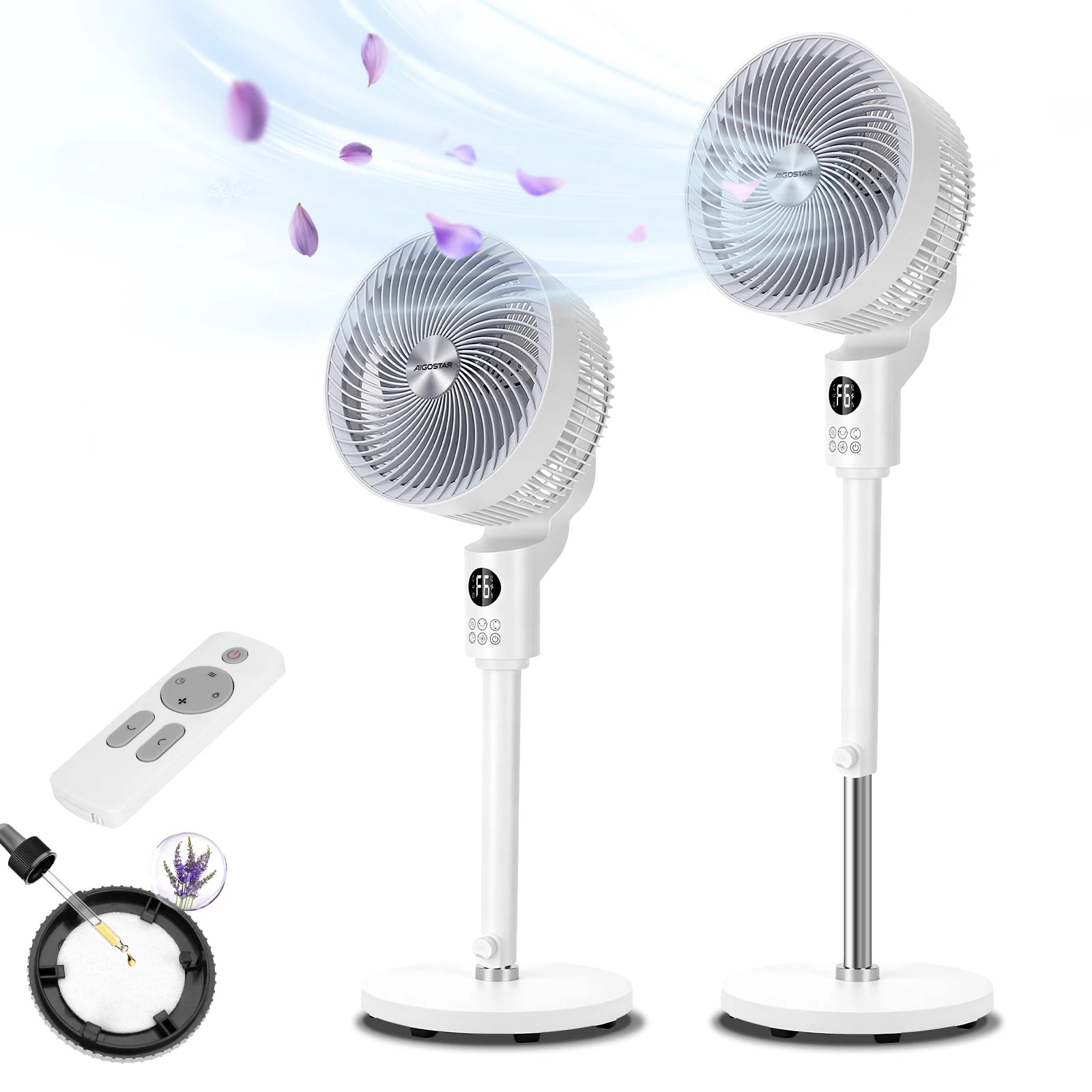 Aigostar Ventilatore a Piantana, 6 Velocità e 3 Modalità Silenzioso, Circolatore d'Aria 3D 850m³/h, Flusso 8m, Timer 12H, Altezza 100cm, Telecomando e Display Touch, Funzion Aroma per Camera e Ufficio