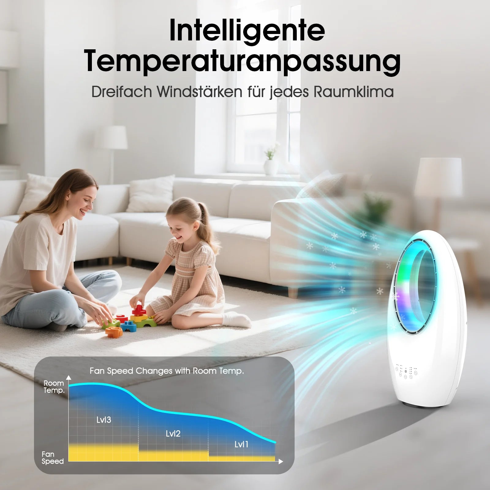 Ventilatore a torre senza pale 3 in 1 con telecomando, 3 velocità del vento, 60 °   Oscillazione, timer, illuminazione d'atmosfera a LED a 4 colori, ventilatore silenzioso da pavimento per camera da letto e soggiorno