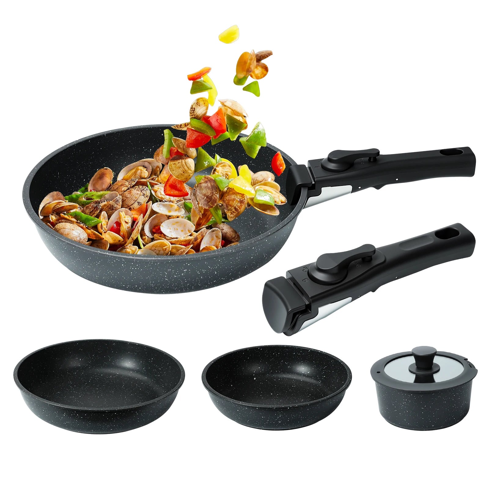 Set di 5 Pentole e Padelle Antiaderenti con Manico Staccabile, Set di Pentole per Cucina a Induzione, Pentole Salutari per Camper