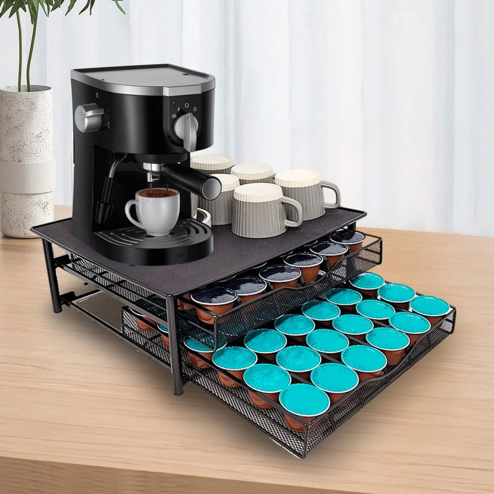 2-stöckiger ausziehbarer Metall-Kaffeekapsel-Organizer, Kaffeepad-Halter für 72 Kaffeepads, rutschfeste Basis für Kaffeemaschine, Küchen-Organizer
