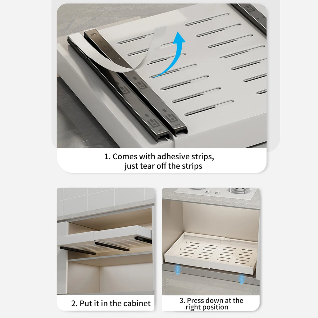 Auszugregal zum Verstauen von Gegenständen, ausziehbare Schublade, Küchen-Organizer, verstellbare Breite von 32 bis 52 cm, Küchenschrank ohne Bohren