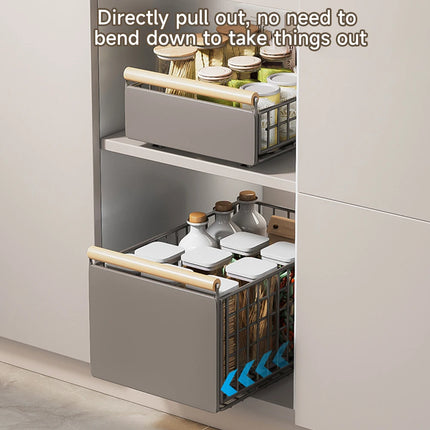 Pull-Out Organizer with Wooden Handle, Push-Pull Retractable Basket for Wardrobe, Folding Sliding Drawer, Dish Drainer for Kitchen/Bathroom Sink
