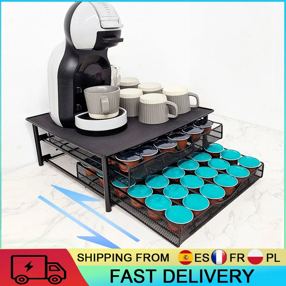 2-stöckiger ausziehbarer Metall-Kaffeekapsel-Organizer, Kaffeepad-Halter für 72 Kaffeepads, rutschfeste Basis für Kaffeemaschine, Küchen-Organizer