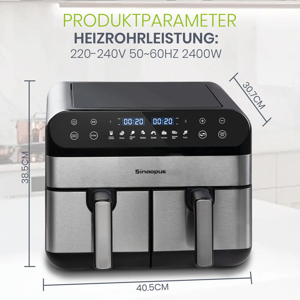 Friggitrice ad Aria Calda a Doppio Cestello 10 L 2400 W, Controllo Touch LED, Leawin