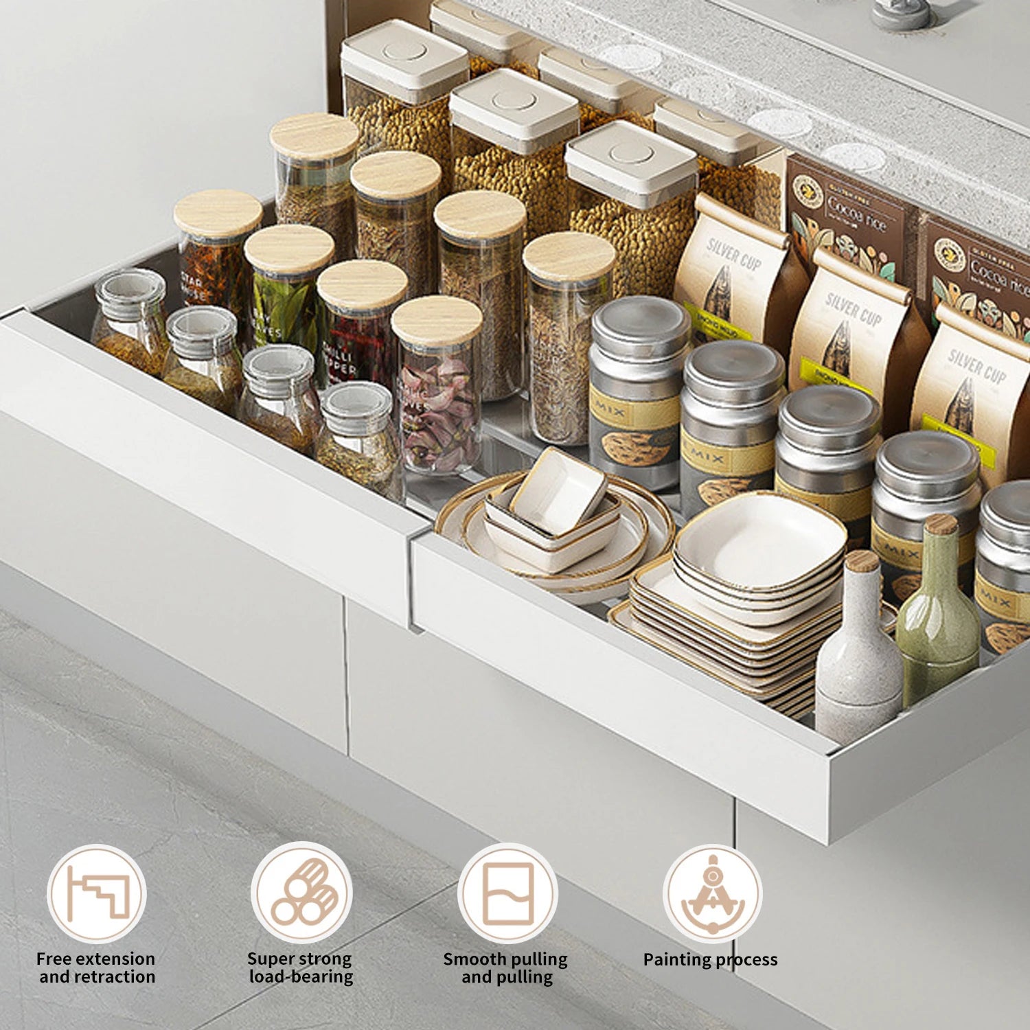 Mensola estraibile per riporre oggetti, cassetto estraibile, organizer da cucina, larghezza regolabile da 32 a 52 cm, dispensa da cucina senza foratura