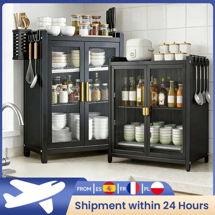 Sliding Door Kitchen Cabinet, 2/3 Tier Shelf for Spices, Utensils, and Dishes, Freestanding Space-Saving Organizer