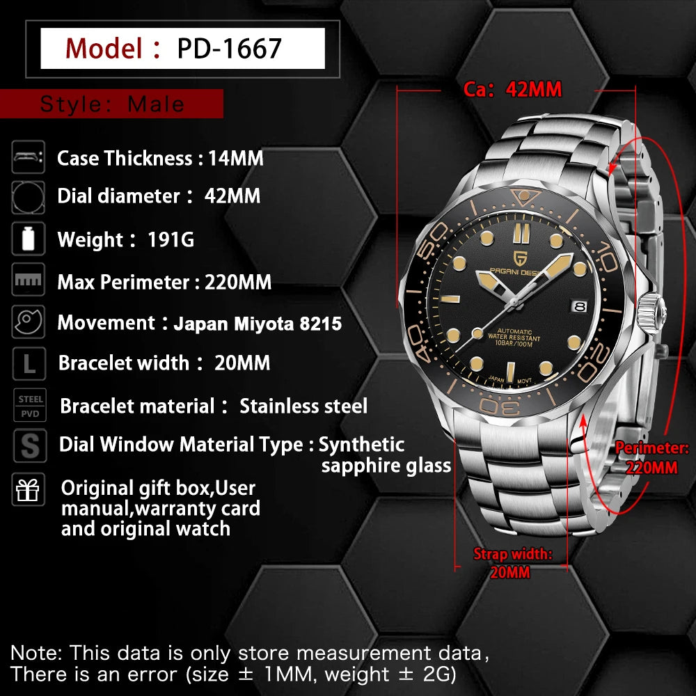 PAGANI DESIGN Orologio Automatico Retrò per Uomo, Acciaio Inossidabile, Modello PD1667